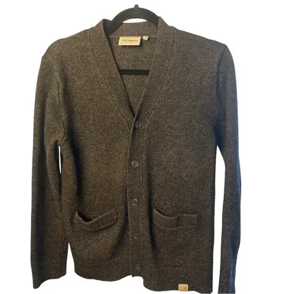Carhartt WIP Allen Gray Cardigan, Lamb’s Wool Blend, Casual, Preppy, Academic S